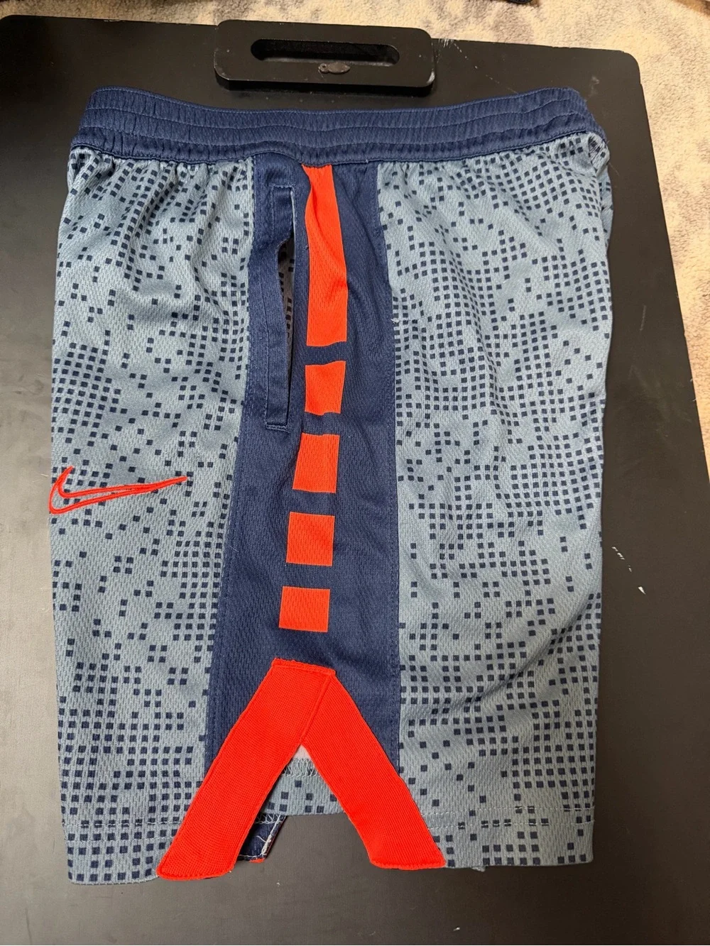 Nike Navy Blue and Neon Orange Pixel-Print Athletic Shorts